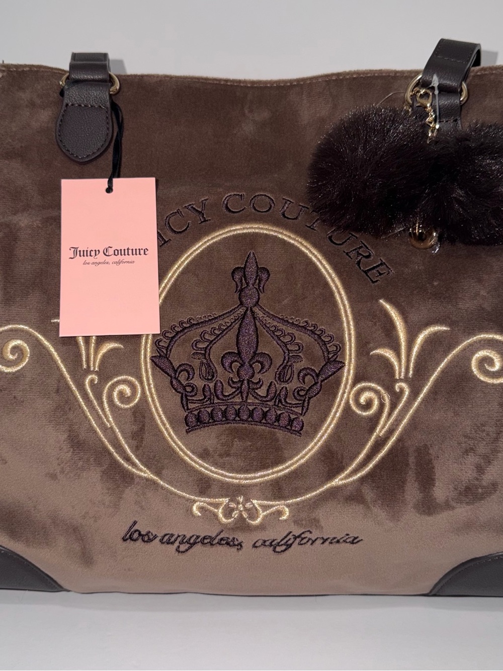 Juicy Couture Brown Velvet Tote with Gold Embroidered Crest and Pom